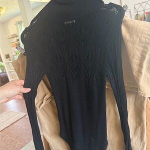 Long-Sleeve FREE PEOPLE Black Knit Bodysuit with Lace Yoke